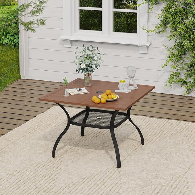 VICLLAX 5 Pieces Outdoor Dining Set, Patio Furniture Set of 4 Patio Swivel Dining Chairs and Square Patio Table with Storage Shelf, Dark Charcoal Chairs & Walnut Tabletop