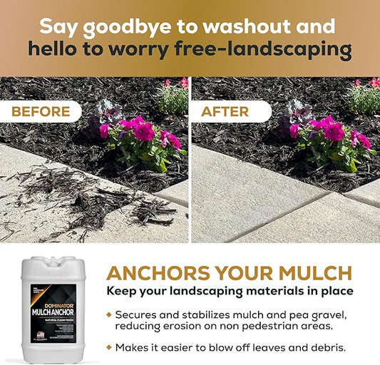 Dominator Mulch Anchor 5 Gallon - Mulch Glue for Landscaping, Pea Gravel & Rock Stabilizer Glue, Ready to Use Spray, Lasts up to 2 Years, Fast-Dry, Non-Toxic