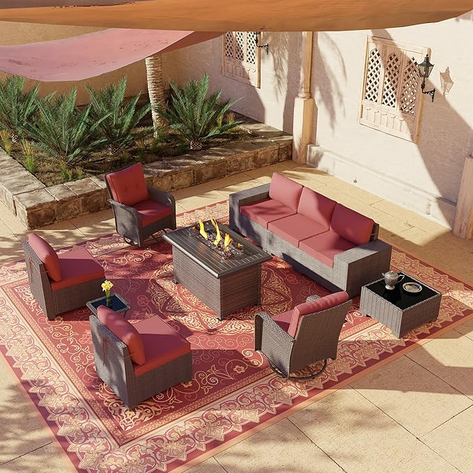 10 Pieces Outdoor Patio Furniture Set Outdoor Furniture Patio Sectional Sofa Conversation Sets w/ETL Approved 45" Gas Outdoor Fire Table & Coffee Table, Swivel Rocking Chair (Red)