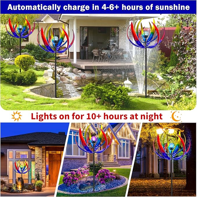 Wind Spinners Outdoor for Yard and Garden - Wind Sculptures & Spinners,70 Inch Wind Spinner with Solar Powered Multi-Color Glass Ball Light for Yard Garden Backyard Lawn Decorations