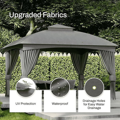 Heavy Duty Gazebo, 11 x 13 Ft Outdoor Patio Pavilion with Galvanized Steel Metal Frame and Double Roof, Curtain and Netting Included, for Outside, Garden, Yard & Lawn