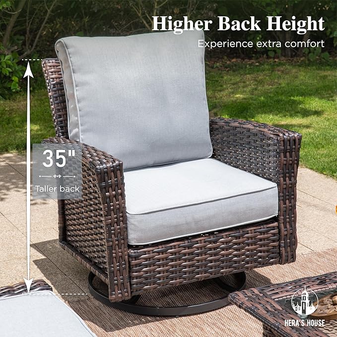 HERA'S HOUSE Outdoor Deck Furniture, High Back Wicker Patio Swivel Chairs with Rattan Table for Porch Balcony Lawn Garden, Grey