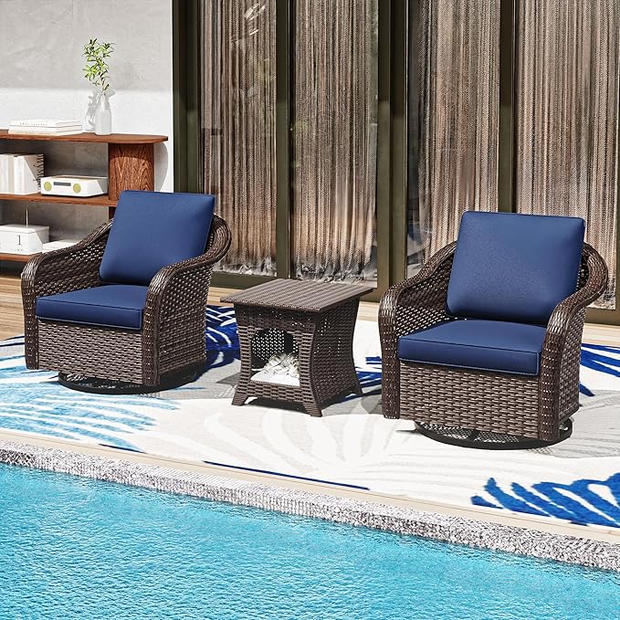 Outdoor Wicker 360 Degree Swivel Glider Rocker Chairs Set of 2 with Cat House Side Table, Patio Conversation Furniture Set with Washable Cushions for Garden, Poolside (Navy Blue)