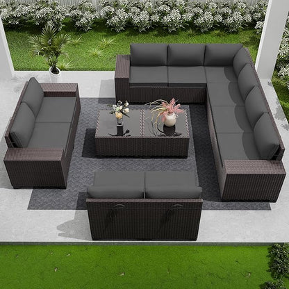 Outdoor Patio Furniture Set, 12 Pieces Outdoor Furniture All Weather Patio Sectional Sofa PE Wicker Modular Conversation Sets with Coffee Table,10 Chairs and Seat Clips Grey