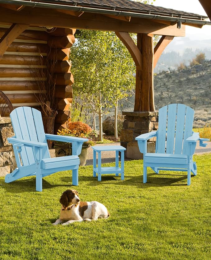 SERWALL Folding Adirondack Chair, Adirondack Outdoor Chair with Cup Holder, Adjustable HDPE Adirondack Chair with 3 Recline Positions, Light Blue