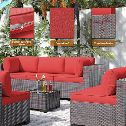 Outdoor Patio Furniture Set, 14 Pieces Outdoor Furniture All Weather Patio Sectional Sofa PE Wicker Modular Conversation Sets with Coffee Table,12 Chairs & Seat Clips(Red)