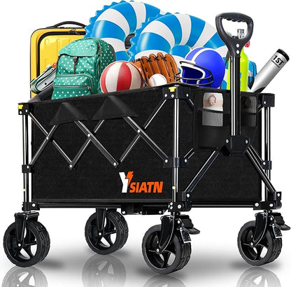 Collapsible Wagon Cart with Wheels Foldable, Folding Wagons Carts with All Terrain Wheels, Large Grocery Cart On Wheels, Heavy Duty Utility Wagon for Shopping Beach Sports Fishing Camping, 130L, Black
