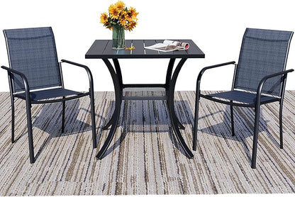3 Pieces Round Dining Table Set for 2, Patio Dining Set Includes 2 Dark Blue Stackable Patio Chairs and 27.6" Black Metal Square Table, Patio Furniture Sets with Sling Support for Outside, Garden