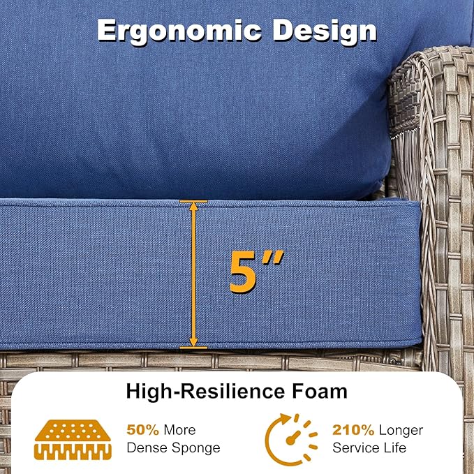 5 Pieces Patio Furniture Set Outdoor Sectional Sofa Couch with Rocking Swivel Chairs 5" Deep Seat Chairs, Modern Wicker Rattan Conversation Set, Blue/Gray Wicker