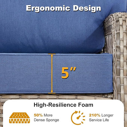 5 Pieces Patio Furniture Set Outdoor Sectional Sofa Couch with Rocking Swivel Chairs 5" Deep Seat Chairs, Modern Wicker Rattan Conversation Set, Blue/Gray Wicker