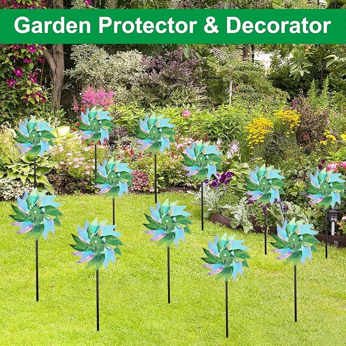 winemana 12 Pcs Reflective Pinwheels Outdoor, Wind Spinners for Yard & Garden, Sparkly Bird Repellent Windmill Scare Birds Away, Deterrent Devices for Outside Patio Lawn Spring Decor (Green)