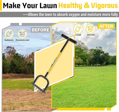 Lawn Aerator Tool, Lawn Aerator with six 6mm Extra-Large Spikes, Clears Leaves and Dirt, Metal Hand Aerator for loosening Soil, aerates Patio and Garden