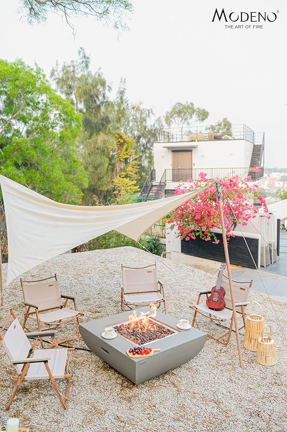AMS Fireplace | Modeno Westport Package | Light Gray Natural Gas Fire Pit Table for Outside Patio Bundle with Wind Guard, and SS Burner Lid | Free Ice Bucket & Rubber Mat