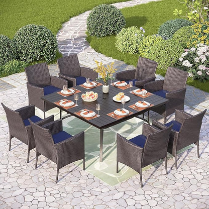PHI VILLA 9 Pieces Square Outdoor Dining Set for 8, 60” Metal Iron Dining Table & Rattan Wicker Chairs with Cushions, Large Dining Furniture Set for Patio, Deck, Yard, Porch