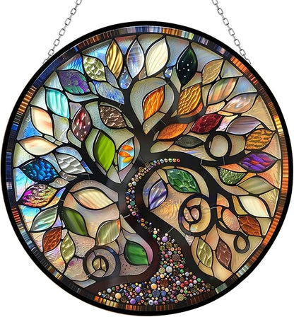 Bohemian Tree of Life Stained Glass Suncatcher 4 Season Colorful Window Wall Ornament Hand-Painted Glass Panel Decor Gift for Women Christmas Thanksgiving Gift 6.3"