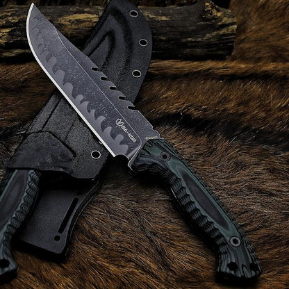 BA-KOR 12.4in Full Tang Fixed Blade Hunting Knife – 6mm 9CR18MoV Steel, G10 Handle, Stonewashed Sawback Blade with Kydex Sheath & Fire Starter for Outdoor, Camping, Survival (Green and black stripes)