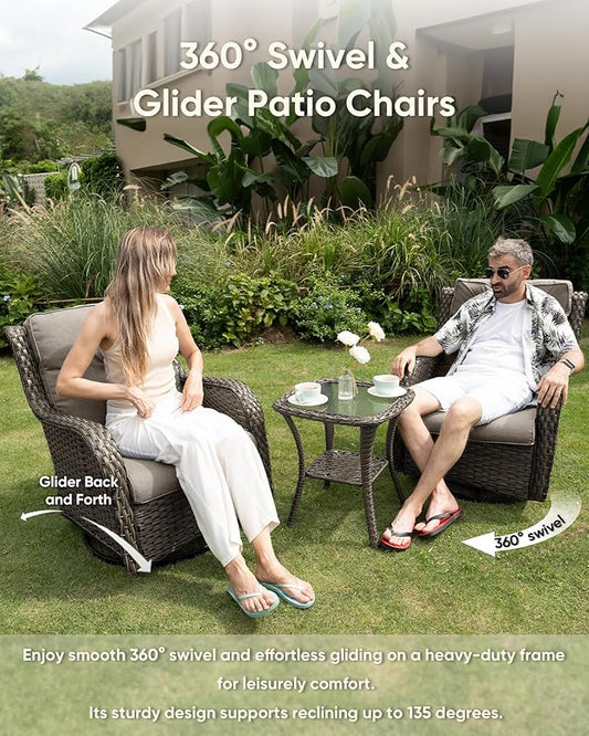 HUMMUH Patio Furniture Set with Fire Pit Table 6-Piece Wicker Outdoor Swivel Rocker Patio Chairs Loveseat Conversation Set for Porch, Backyard, Deck