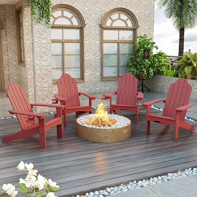 LUE BONA HDPS Adirondack Chairs Set of 4, Fire Pit Outdoor Chair Weather Resistant with Cup Holder, Modern Plastic Chair Plastic for Patio, Deck, Proch, 350LBS, Red