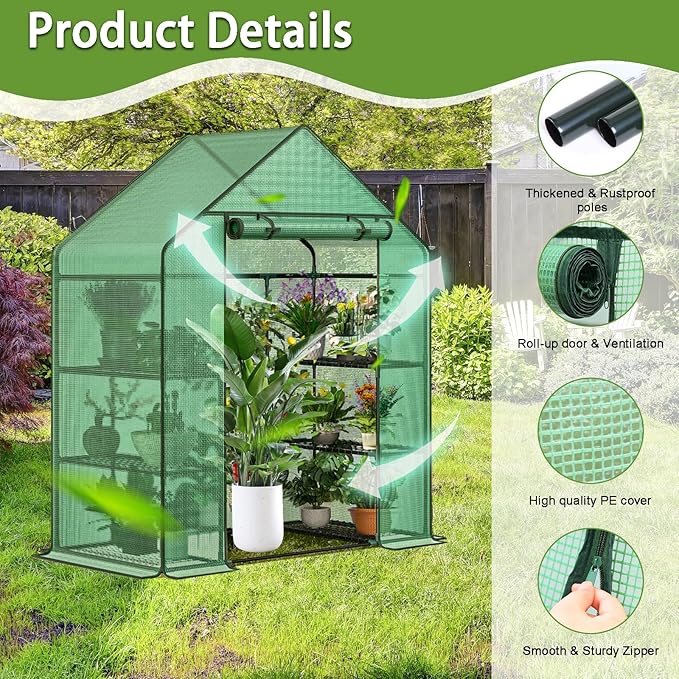 Greenhouse, 56 x 28 x 76'' Heavy Duty Greenhouses for Outdoors, Green House with Roll-Up Door Thicken PE Cover, Portable Walk-in Green Houses for Outside with 3 Tier 4 Shelves