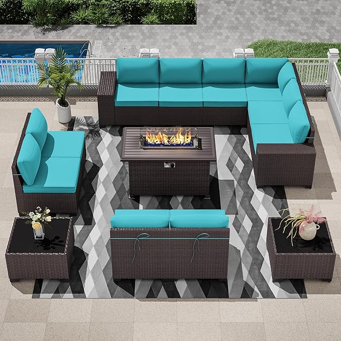 Outdoor Patio Furniture Set with Propane Fire Pit Table, 13 Pieces Outdoor Furniture Patio Sectional Sofa Conversation Sets w/ETL Approved 43" Gas Outdoor Fire Table & Coffee Table Blue.
