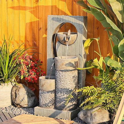 Water Fountain Zen Feature Outdoor Indoor - Waterfall Garden Freestanding Fountains ρ-Shaped Hollow Artistry Design with LED Lights for Home Decor Patio Yard Pool, 41 inches