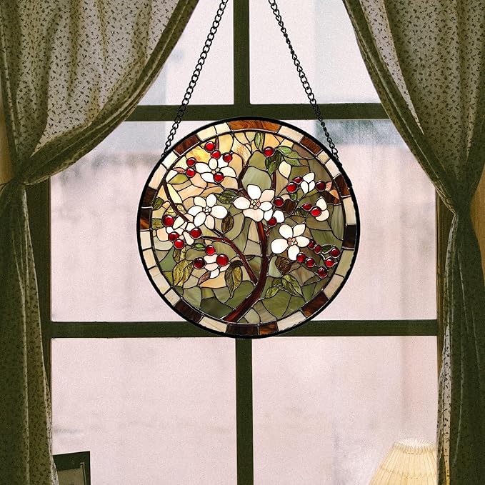 CRIS GIF Stained Glass Window Hanging - Hawthorn Tree Birth Flowers Suncatcher for Doors Garden Patio Sun Catchers Decor Christmas Mother's Day Birthday Gifts for Women Men Mom Nana Friend 6.3 in
