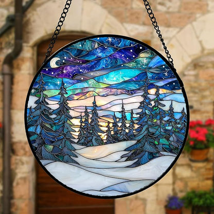 Stained Glass Window Hanging, Starry Sky Trees and Snow Sun Catchers Glass Panel Blue Suncatcher Decor for Birthday for Women, Men, Wife, Aunt, and Mom 7.8 in
