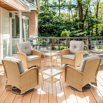 Outdoor Swivel Glider Rocker Chairs Set of 4 - Wicker Patio Furniture Set All Weather Patio Conversatio Sets with 2 Tempered Glass Side Table for Deck Backyard - Yellow Wicker Beige Cushion