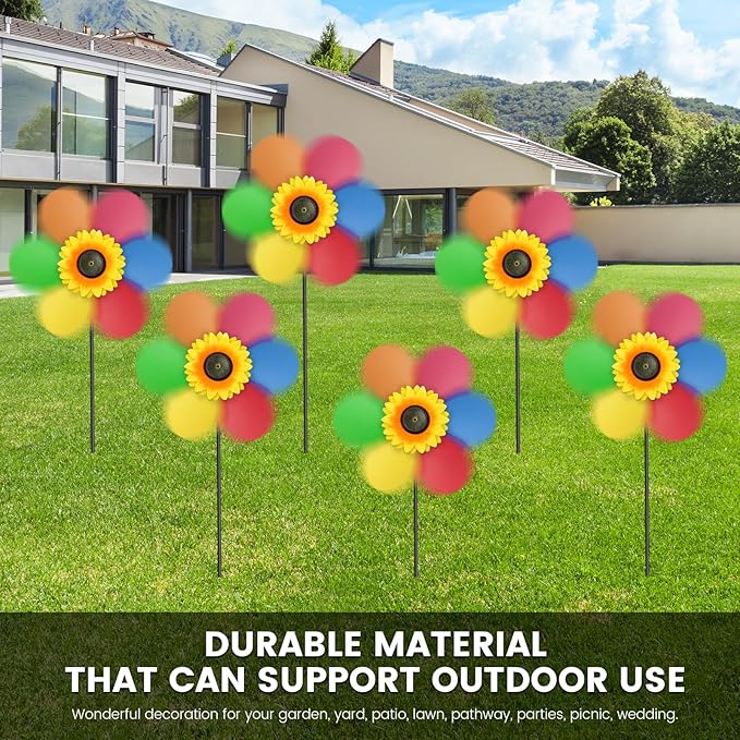 6PCS Sunflower Wind Spinners with Stakes 14" W x 29" H Wind Spinners Lawn Pinwheel Rainbow Windmill Outdoor Pinwheels for Yard Decoration（Rainbowcolors）