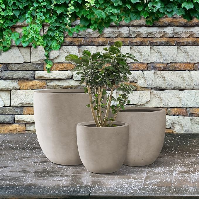 Kante 20",16.5",13.4" Dia Round Concrete Planters (Set of 3), Outdoor Indoor Modern Decorative Plant Pots with Drainage Hole & Rubber Plug for Home & Garden, Weathered Concrete