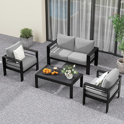 Solaste Outdoor Aluminum Furniture Set - 4 Pieces Patio Sectional Chat Sofa Conversation Set with Table,Black Frame and Grey Cushion