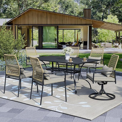 7-Piece Patio Dining Set, 63'' Rectangular Outdoor Table and 2 Wicker Swivel Rattan Chairs ＆ 4 Wicker Stackable Rattan Chairs with Cushions, All Weather Frame Furniture Set