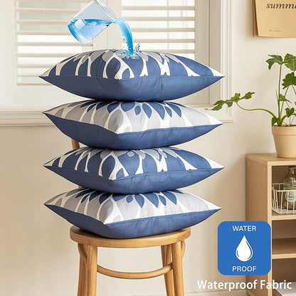 Qahing Pack of 4 Outdoor Waterproof Pillow Covers 22x22 Decorative Outdoor Throw Pillows Garden Square Cases for Patio Furniture, Couch, Tent Sunbrella, Bench, Blue Grey