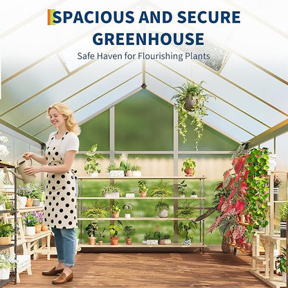 8 x 10 FT Greenhouse, Heavy-Duty Polycarbonate Large Walk-in Greenhouse Roof Vent ,Aluminum Frame & Lockable Door, for Backyard, Green Houses for Outside Garden Backyard
