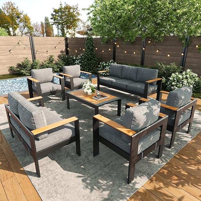 LayinSun 7 Piece Aluminum Outdoor Furniture Set with Coffee Table, Outside Patio Deep Seating Conversation Set with Upgraded Washable Thick Cushion