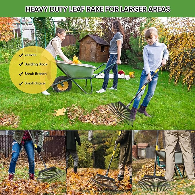 Garden Leaf Rakes, 6FT Rake for Lawns Heavy Duty 25 Metal Tines 18.5 inch Wide, Adjustable Steel Handle, Rakes for Leaves, Gathering Shrub, Grass, Flower Beds