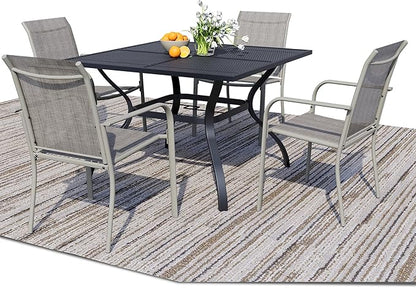 5 Pieces Sqaure Dining Table Set for 4, Patio Dining Set Includes 4 Grey Stackable Patio Chairs and 1 Black Mesh Square Table, Patio Furniture Sets with Sling Support for Outside, Garden
