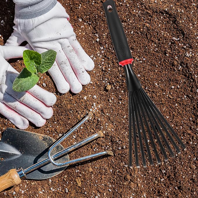 VANZACK 2pcs Gardening Hand Rakes Metal Ash Rakes Hand Tiller Mini Garden Cultivator Tools Portable Rake with Handle and 9 Tines for Yard Lawn Shrub Flower Beds