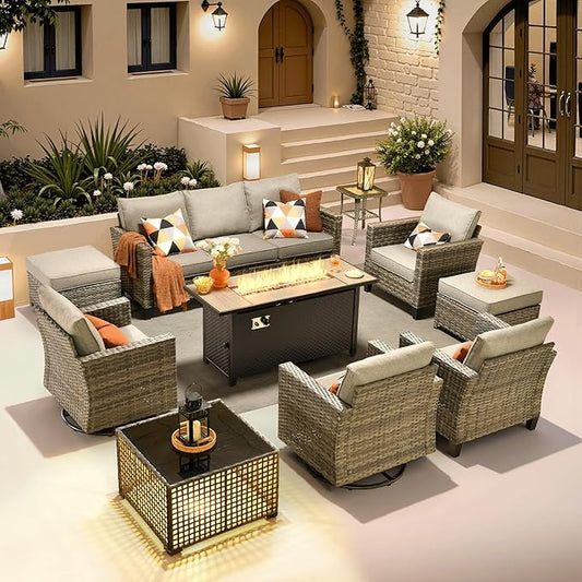 ovios 10 Pieces Patio Furniture Set with Swivel Chairs Rocking Gliders, 54" Fire Pit Table, Outdoor Sofa Couch with Solar Lights Table, Modern Deep Seat Wicker Rattan Conversation Set, Dark Grey