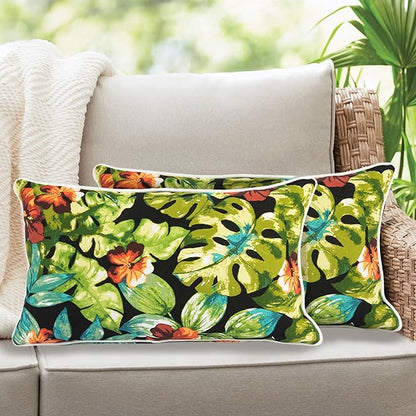 Lumbar Pillow with Insert, Set of 2, Outdoor Indoor Waterproof Decorative Patio Lumbar Pillow 12x20 Inch, Rectangular Cushion for Couch Sofa Garden Farmhouse Decoration-Tropical Green Leaves