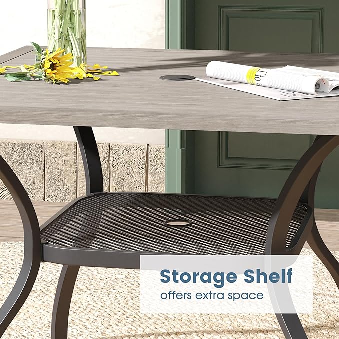 DIFY Outdoor Dining Table, Patio Square Metal Dining Table with 1.57" Umbrella Hole for 4 Person, Ideal for Poolside, Deck, Garden and Balcony, Grey Wood-Like