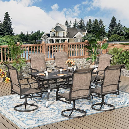 Patio Dining Set, 7 Person Outdoor Table and Chairs, 6 x Textilene Swivel Dining Chairs and 60" Rectangle Black Table, for Cozy Garden Settings, Grayish Brown