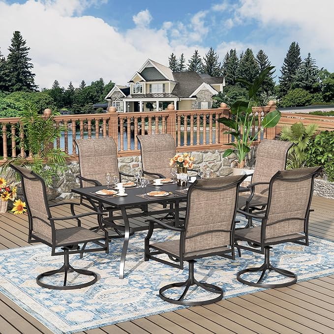 7 Pieces Patio Dining Set, Outdoor Table and Chairs, 6 x Textilene Swivel Dining Chairs and 60" Rectangle Black Table, for Cozy Garden Settings, Grey-Brown