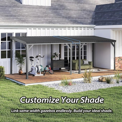 Domi 8'x10' Wall Mounted Hardtop Gazebo, Connectable Lean to Pergola with Gutters & Galvanized Steel Roof, 60MPH Wind Resistance, Outdoor Heavy Duty Metal Awning for Patio, Deck, Backyard - Grey