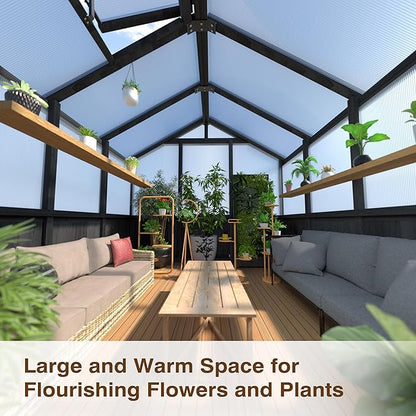6x10 FT Greenhouse Kit for Outdoor, Thickened Polycarbonate Panel Wooden Walk-in Green House with Lockable Door and Adjustable Roof Vent, Backyard Garden, Black