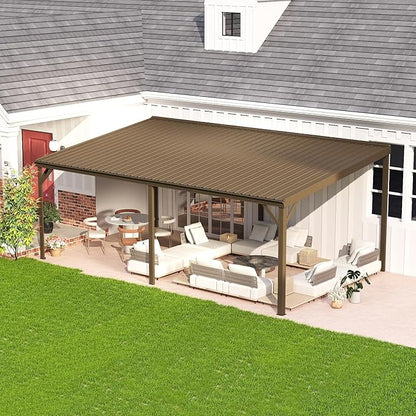 Domi 12’x20’ Wall-Mounted Hardtop Gazebo Pergola – Permanent Lean-to Outdoor Shelter with Sloped Galvanized Steel Roof & Upgraded Drainage – Gray Metal Patio Cover for Backyard, Deck, Garden, Brown