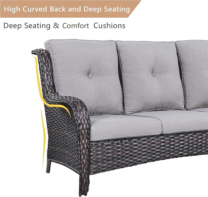 HUMMUH 7pcs Patio Furniture Set Swivel Rocker Patio Chairs,PE Wicker Outdoor Sofa Set of 2 with Coffee Table and Ottomans(Brown,Grey)