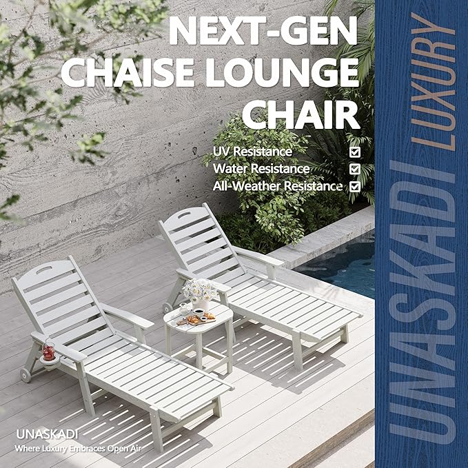 Patio Chaise Lounge Chair Set of 4, HDPE Outdoor Lounge Chairs with 5-Position Adjustable Backrest, Cup Holder and Wheels, 450lbs Capacity for Poolside Deck Backyard, All Weather Material(White)