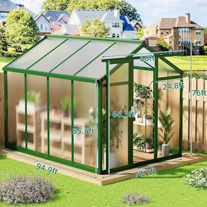 6 X 8 FT Greenhouse, Heavy-Duty Polycarbonate Large Walk-in Greenhouse Roof Vent ,Aluminum Frame & Lockable Door, for Backyard, Green Houses for Outside Garden Backyard