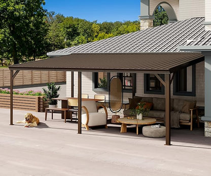 Domi 12’x20’ Lean-to Gazebo, Hardtop Wall-Mounted Gazebo Pergola with Sloping Galvanized Steel Roof and Upgraded Drainage System, Outdoor Permanent Metal Shelters for Patio Backyard Deck, Brown